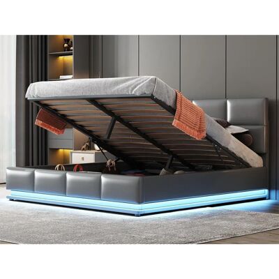 MERAX Cama contenedor ajustable LED PU cuero - 160x200 cm - gris - Bed MERAX Cama contenedor ajustable LED PU cuero - 160x200 cm - gris - Bed