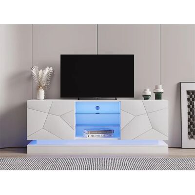 Meuble TV MERAX avec 2 portes - Étagères en verre blanc - 1,6m Meuble TV MERAX avec 2 portes - Étagères en verre blanc - 1,6m