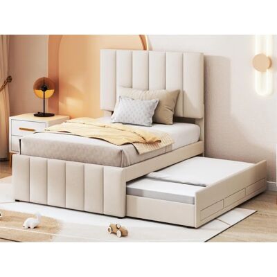 Cama Merax 90x190/200cm com 3 Gavetas - Tecido de linho - Estrado de ripas - Bege Cama Merax 90x190/200cm com 3 Gavetas - Tecido de linho - Estrado de ripas - Bege