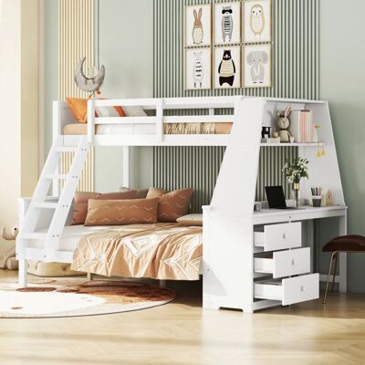 Lits Mezzanine ModernLuxe avec Bureau et Rangement - Blanc Lits Mezzanine ModernLuxe avec Bureau et Rangement - Blanc