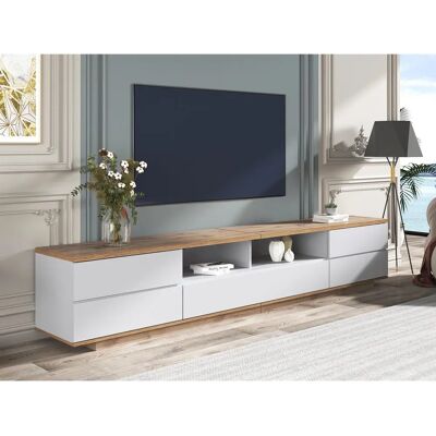 ModernLuxe Meuble TV Scandinave en Bois 180cm - 5 Portes + 8 Compartiments - Naturel & Blanc - Meuble TV ModernLuxe Meuble TV Scandinave en Bois 180cm - 5 Portes + 8 Compartiments - Naturel & Blanc - Meuble TV