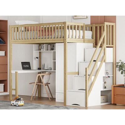 ModernLuxe Lit mezzanine 90x200 cm - Wit - Bureau - Garderobe - Bedframe ModernLuxe Lit mezzanine 90x200 cm - Wit - Bureau - Garderobe - Bedframe