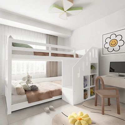 Lit Mezzanine ModernLuxe 2x90x200 cm - avec Rangement, Garde-corps - Blanc Lit Mezzanine ModernLuxe 2x90x200 cm - avec Rangement, Garde-corps - Blanc
