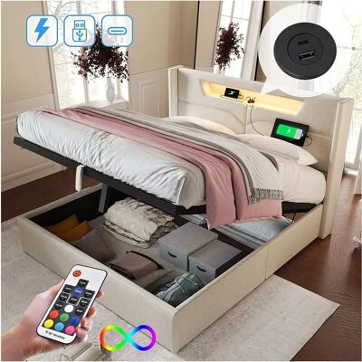 MERAX - 160x200 Linnen Beige - USB-C LED Hoofdbord - Bedframe MERAX - 160x200 Linnen Beige - USB-C LED Hoofdbord - Bedframe