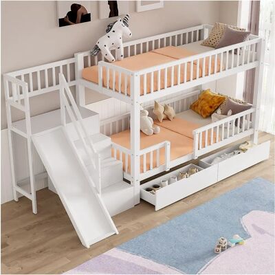 Lits superposés Merax 2 x 90 x 200 cm avec 2 tiroirs et toboggan - bois massif - blanc Lits superposés Merax 2 x 90 x 200 cm avec 2 tiroirs et toboggan - bois massif - blanc