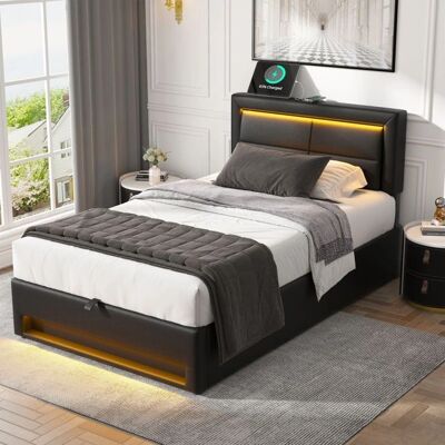 ModernLuxe Bed 90x200cm met LED - Opbergruimte & Draadloos Opladen - Zwart ModernLuxe Bed 90x200cm met LED - Opbergruimte & Draadloos Opladen - Zwart