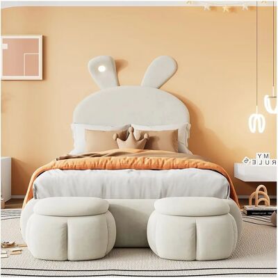 Cama Infantil ModernLuxe 90x200cm Veludo com LED - Orelhas de coelho - Bege Cama Infantil ModernLuxe 90x200cm Veludo com LED - Orelhas de coelho - Bege