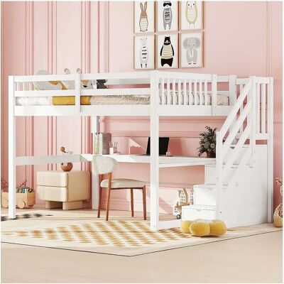 Merax - Loft Bed 140x200 - Blanc - Pin - Loft Bed Merax - Loft Bed 140x200 - Blanc - Pin - Loft Bed