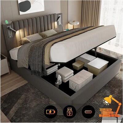 ModernLuxe - Lit coffre 140x200cm - Cinza - Storage bed ModernLuxe - Lit coffre 140x200cm - Cinza - Storage bed