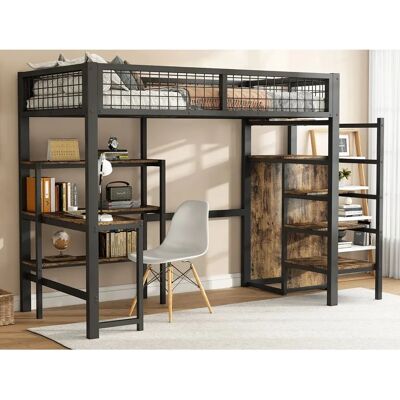 MERAX Hoogslaper 90x200cm met bureau, planken en kast - Metaal + MDF - Zwart + Bruin MERAX Hoogslaper 90x200cm met bureau, planken en kast - Metaal + MDF - Zwart + Bruin