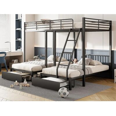 Lits superposés en métal ModernLuxe avec tiroirs - Noir - 3 places Lits superposés en métal ModernLuxe avec tiroirs - Noir - 3 places