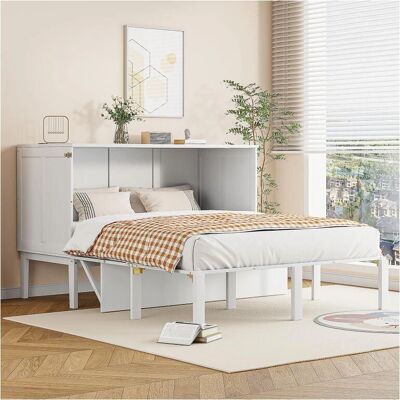 Lit escamotable MERAX 140x200cm - MDF - Sommier à lattes - Blanc Lit escamotable MERAX 140x200cm - MDF - Sommier à lattes - Blanc