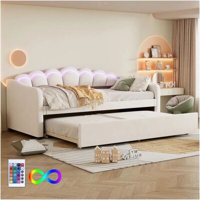ModernLuxe Bed met LED en uitschuifbed - 90x200cm, 90x190cm - Beige - L-vormig bed met lades ModernLuxe Bed met LED en uitschuifbed - 90x200cm, 90x190cm - Beige - L-vormig bed met lades