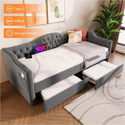 Merax Bed met USB C & Lades - Gestoffeerd 90x200cm - Grijs Merax Bed met USB C & Lades - Gestoffeerd 90x200cm - Grijs