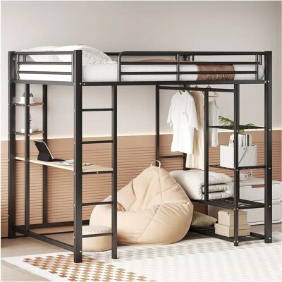 Lit mezzanine Merax 140x200cm avec Bureau et Étagères - Métal - Noir Lit mezzanine Merax 140x200cm avec Bureau et Étagères - Métal - Noir