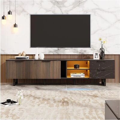 Merax 200x38x50 Console TV - Bois noir grain - Éclairage LED - 2 portes - Meuble TV Merax 200x38x50 Console TV - Bois noir grain - Éclairage LED - 2 portes - Meuble TV