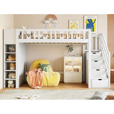ModernLuxe - LoftBed 90x200 - Hout - Wit - Verhoogde Bed ModernLuxe - LoftBed 90x200 - Hout - Wit - Verhoogde Bed