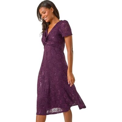 Robe Midi en Dentelle à Paillettes et Twist en Violet - Robe - Publicité Robe Midi en Dentelle à Paillettes et Twist en Violet - Robe - Publicité
