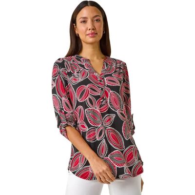 Roman Originals UK Red Leaf Print V-Neck Stretch Shirt - Women’s Size 12 Roman Originals UK Red Leaf Print V-Neck Stretch Shirt - Women’s Size 12