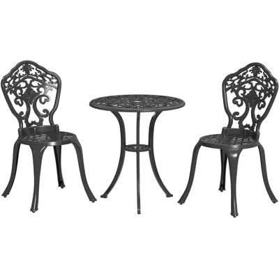 Outsunny - 3-Pcs Cast Aluminium - Parasol Hole - Black - Bistro Set Outsunny - 3-Pcs Cast Aluminium - Parasol Hole - Black - Bistro Set