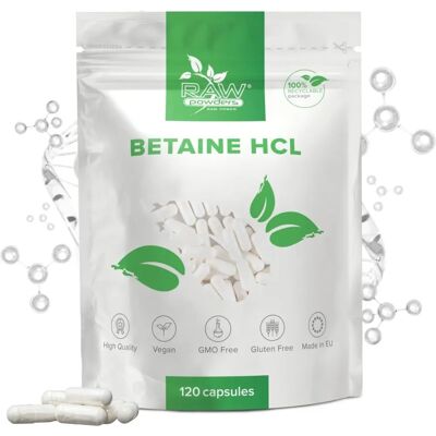 Raw Powders Bêtaïne HCl 650mg Capsules - Supplément Alimentaire - Publicité Raw Powders Bêtaïne HCl 650mg Capsules - Supplément Alimentaire - Publicité