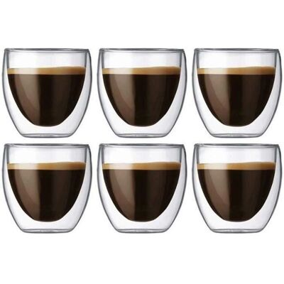 Set de 6 tasses en verre borosilicaté - 80ml, double paroi - Anti-brûlure - Publicité Set de 6 tasses en verre borosilicaté - 80ml, double paroi - Anti-brûlure - Publicité