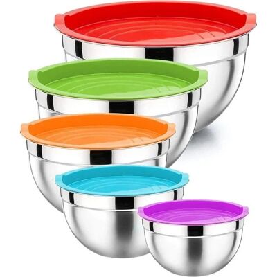 Tazones de Mezcla de Acero Inoxidable Herzberg - Tapa de Silicona Colorida - 5 piezas Tazones de Mezcla de Acero Inoxidable Herzberg - Tapa de Silicona Colorida - 5 piezas