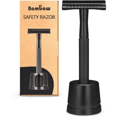 Barbeador de Segurança Preto Bambaw com Suporte - Barba Barbeador de Segurança Preto Bambaw com Suporte - Barba