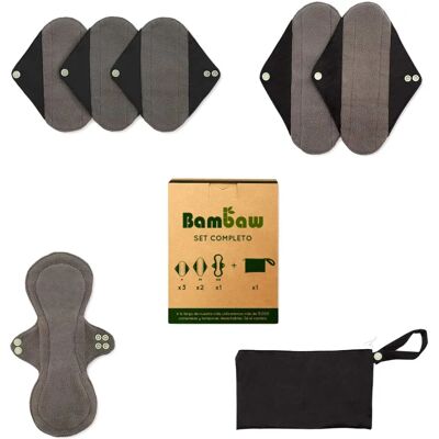 Conjunto de 6 absorventes reutilizáveis Bambaw - Higiene feminina negra discreta Conjunto de 6 absorventes reutilizáveis Bambaw - Higiene feminina negra discreta