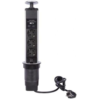 Extensão de tomada retrátil Perel - 3 tomadas, 2 USB, Cinza Extensão de tomada retrátil Perel - 3 tomadas, 2 USB, Cinza