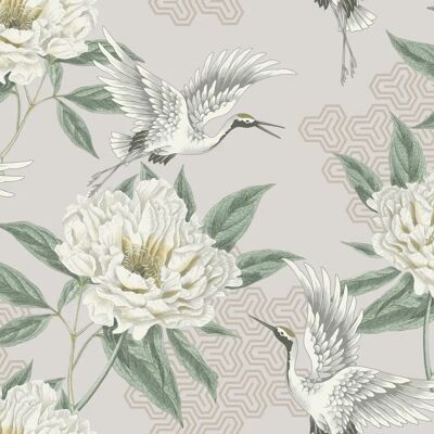 Grandeco Flying Cranes Green Leaves Geometric Wallpaper - Wallpaper Grandeco Flying Cranes Green Leaves Geometric Wallpaper - Wallpaper