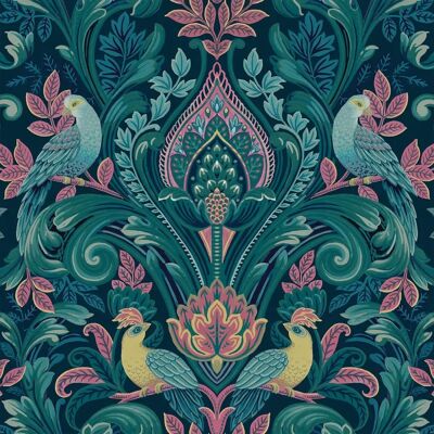 Grandeco Pink/Teal/Navy Wallpaper - Arcadia Damask Textured Vinyl Grandeco Pink/Teal/Navy Wallpaper - Arcadia Damask Textured Vinyl