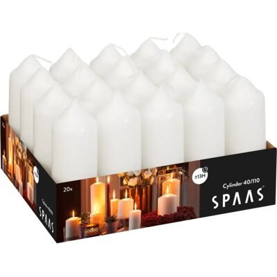 Spaas 20 stuks geurloze pilarenkaarsen - 40/110 mm - ± 13 uur - Wit Spaas 20 stuks geurloze pilarenkaarsen - 40/110 mm - ± 13 uur - Wit