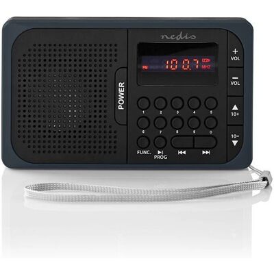 Radio FM portable grise Nedis avec PLL, 50 préréglages, Bluetooth - Publicité Radio FM portable grise Nedis avec PLL, 50 préréglages, Bluetooth - Publicité