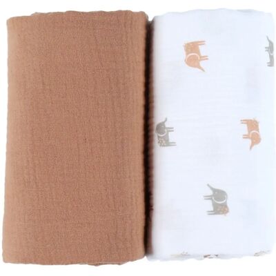 Set med 2 bomullsmusslintäckor - 70x70cm - Grå & Karamell Set med 2 bomullsmusslintäckor - 70x70cm - Grå & Karamell