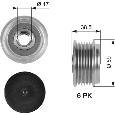 Gates Generatorfrilås - 6 Spår - 59mm Yttre diameter - 17mm Inre diameter - 38,5mm Bredd - C-crosser, Mazda 3, 6 Gates Generatorfrilås - 6 Spår - 59mm Yttre diameter - 17mm Inre diameter - 38,5mm Bredd - C-crosser, Mazda 3, 6