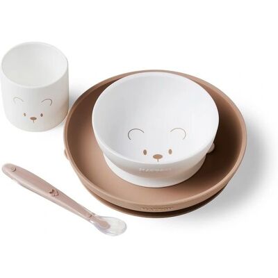 Nattou Set de Comida Infantil - Blanco/Marrón - Silicona, Sin BPA Nattou Set de Comida Infantil - Blanco/Marrón - Silicona, Sin BPA