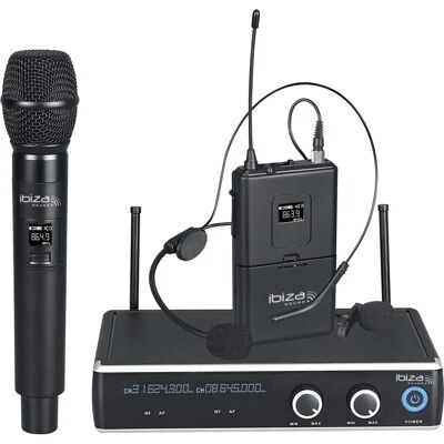 Sistema de Microfone Sem Fio Ibiza - Mão, Lapela, Headset - 2 Canais UHF Sistema de Microfone Sem Fio Ibiza - Mão, Lapela, Headset - 2 Canais UHF