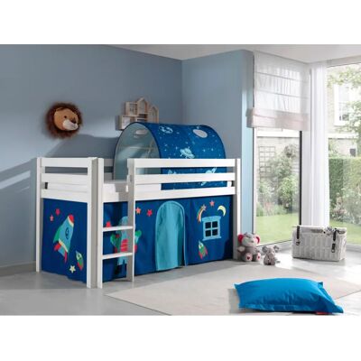 Lit en hauteur avec rideaux et tunnel - Aventure spatiale enfant - Publicité Lit en hauteur avec rideaux et tunnel - Aventure spatiale enfant - Publicité