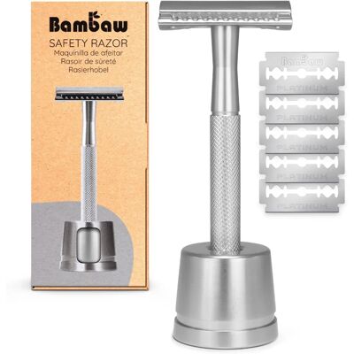 Barbeador de Segurança de Metal Bambaw Prata + Suporte - Safety Razor Barbeador de Segurança de Metal Bambaw Prata + Suporte - Safety Razor