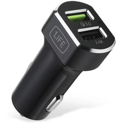 Carregador de carro 1Life preto USB duplo - Carregamento rápido Carregador de carro 1Life preto USB duplo - Carregamento rápido