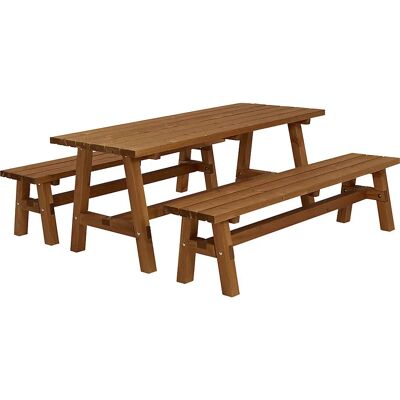 Conjunto de bancos de jardim com mesa e 2 bancos para 6 pessoas - Acabamento em teca Conjunto de bancos de jardim com mesa e 2 bancos para 6 pessoas - Acabamento em teca