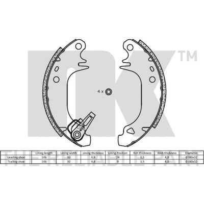NK Modell 2799407 Bremsbacken-Kit - Trommelbremsen - Für 180mm Durchmesser geeignet NK Modell 2799407 Bremsbacken-Kit - Trommelbremsen - Für 180mm Durchmesser geeignet