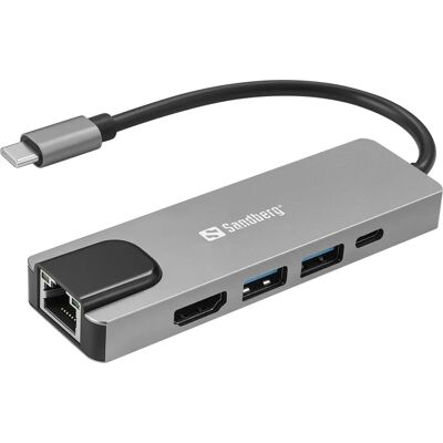 Sandberg 336-99 Laptop Dock - USB-C 5-i-1 Rejse Dock Sølv Sandberg 336-99 Laptop Dock - USB-C 5-i-1 Rejse Dock Sølv