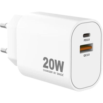 Sinox SXP6022 - 20W USB-A USB-C 230V Lader Sinox SXP6022 - 20W USB-A USB-C 230V Lader
