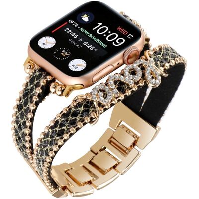Apple Watch Guld / Sort Metal Læder Rhinestones - Smartwatch Tilbehør Apple Watch Guld / Sort Metal Læder Rhinestones - Smartwatch Tilbehør