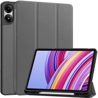 Læder Tri-Fold Cover til Xiaomi Redmi Pad Pro med Stylus Holder - Grå Læder Tri-Fold Cover til Xiaomi Redmi Pad Pro med Stylus Holder - Grå