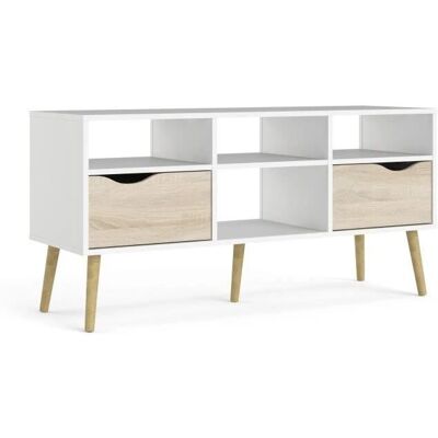 Meuble TV Tvilum Blanc / Chêne - 4 niches, 2 tiroirs - Design moderne - Publicité Meuble TV Tvilum Blanc / Chêne - 4 niches, 2 tiroirs - Design moderne - Publicité