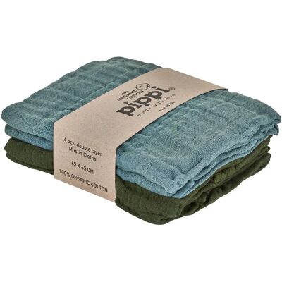 Lingettes pour bébé en coton biologique Pippi - Pack de 4 - 65x65 - Bleu/Vert Lingettes pour bébé en coton biologique Pippi - Pack de 4 - 65x65 - Bleu/Vert