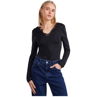 Pieces Schwarzes V-Ausschnitt Spitze Dehnbare T-Shirt - Top Pieces Schwarzes V-Ausschnitt Spitze Dehnbare T-Shirt - Top